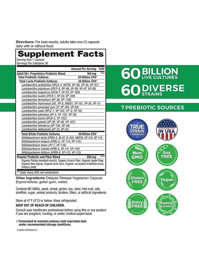 Vital Planet Vital Flora Adult 55+ Probiotic With 60 Billion Strains And Cultures Digestive Support Probiotics For Women And Men With Organic Prebiotics 30 Capsules - Image 2
