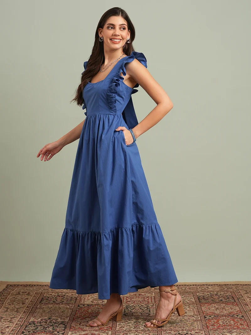 globus Women Blue Square Neck Solid Ruffles & Tie-Up Detail Tiered Fit & Flare Maxi Resort Dress