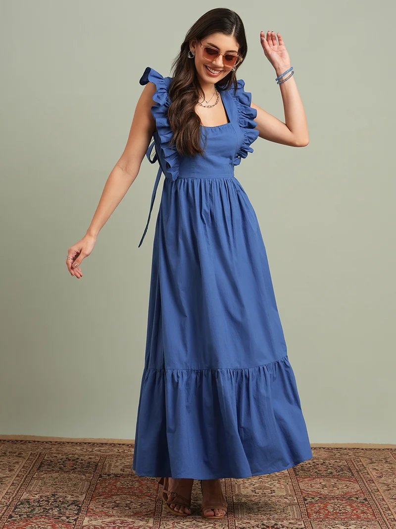 globus Women Blue Square Neck Solid Ruffles & Tie-Up Detail Tiered Fit & Flare Maxi Resort Dress