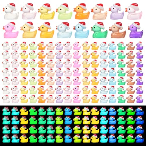 JIUZHU 160Pcs Luminous Christmas Mini Ducks Glow in The Dark Xmas Mini Resin Ducks with Santa Hats 16 Colors Tiny Ducks Bulk for Micro Fairy Garden DIY Miniature Dollhouse Decor - Image 1