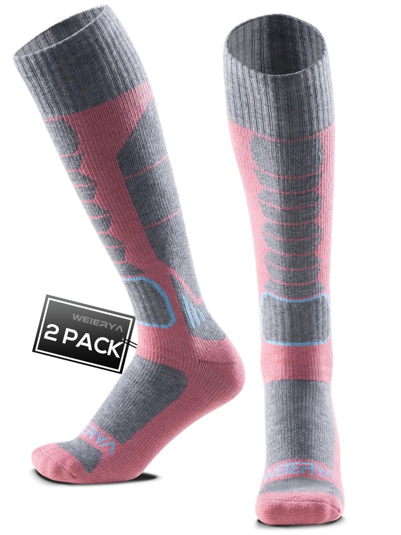 WEIERYA Ski Sock Merino Wool Ski Socks Mens Womens Skiing & Snowboarding Socks, Over The Calf, Pink Medium 2 Items - Image 1