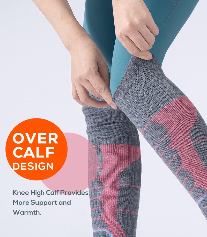 WEIERYA Ski Sock Merino Wool Ski Socks Mens Womens Skiing & Snowboarding Socks, Over The Calf, Pink Medium 2 Items - Image 5