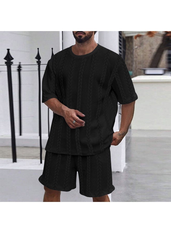 Summer Casual Knitted Solid Color round Neck Short Sleeve Sport Men's Set Short Pants Embroidery Fitness Outfit Short Shorts - Image 1