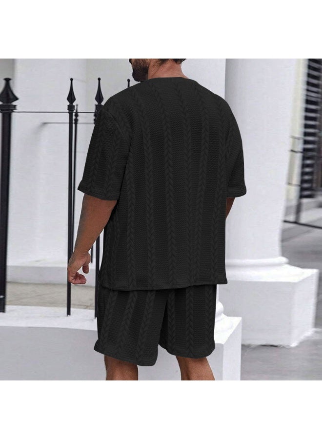 Summer Casual Knitted Solid Color round Neck Short Sleeve Sport Men's Set Short Pants Embroidery Fitness Outfit Short Shorts - Image 2