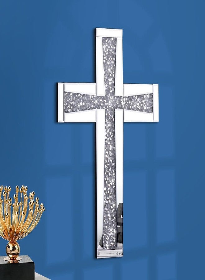 Aeveco Silver Mirrored Wall Cross 20×13 inch, Crystal Crush Diamond Cross for Wall, Living Room, Bedroom, Home Decor - Image 1
