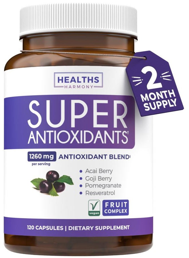 Healths Harmony Super Antioxidants Supplement - Powerful Super Food Antioxidant Daily Blend - Acai Berry, Goji, Pomegranate & Trans Resveratrol - Herbal and Fruit Formula For Women and Men - Skin Care - 120 Capsules - Image 1