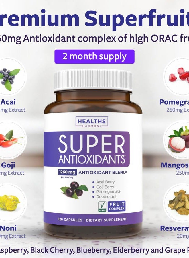 Healths Harmony Super Antioxidants Supplement - Powerful Super Food Antioxidant Daily Blend - Acai Berry, Goji, Pomegranate & Trans Resveratrol - Herbal and Fruit Formula For Women and Men - Skin Care - 120 Capsules - Image 2