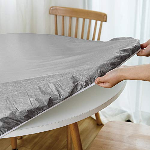 NLMUVW Round Vinyl Tablecloth with Elastic Edge Flannel Backing, Fitted PVC Table Cloth Waterproof Wipe Clean Table Cover for Dining Party Outdoor, Grey, 45"- 56" - Image 2