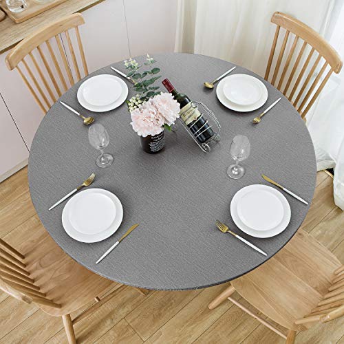 NLMUVW Round Vinyl Tablecloth with Elastic Edge Flannel Backing, Fitted PVC Table Cloth Waterproof Wipe Clean Table Cover for Dining Party Outdoor, Grey, 45"- 56" - Image 1