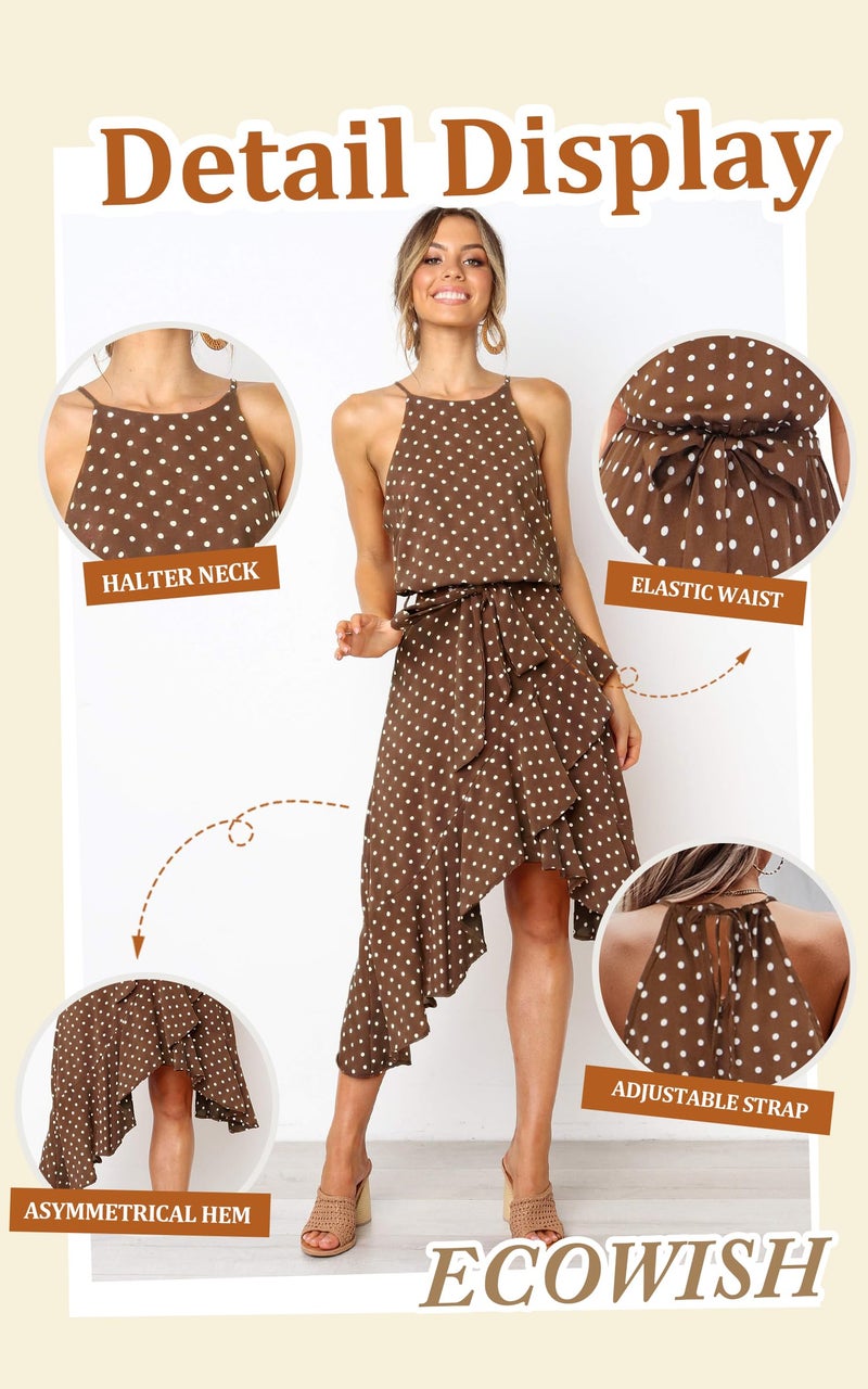 ECOWISH Polka Dot Women Summer Dress Midi A Line Ruffle High Low Sleeveless Boho Floral Halterneck Cocktail Tie Knot Sundress Coffee Small - Image 5