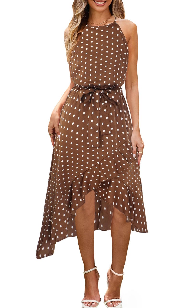 ECOWISH Polka Dot Women Summer Dress Midi A Line Ruffle High Low Sleeveless Boho Floral Halterneck Cocktail Tie Knot Sundress Coffee Small - Image 1