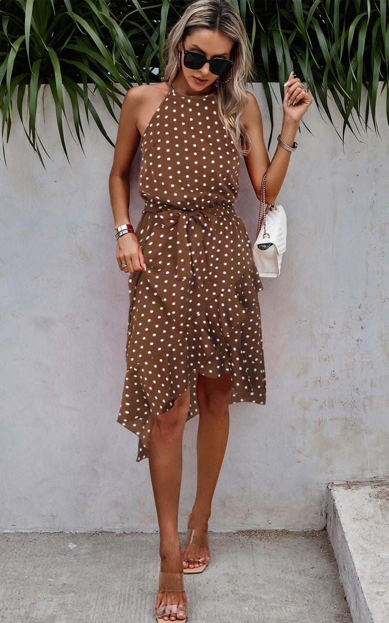 ECOWISH Polka Dot Women Summer Dress Midi A Line Ruffle High Low Sleeveless Boho Floral Halterneck Cocktail Tie Knot Sundress Coffee Small - Image 4
