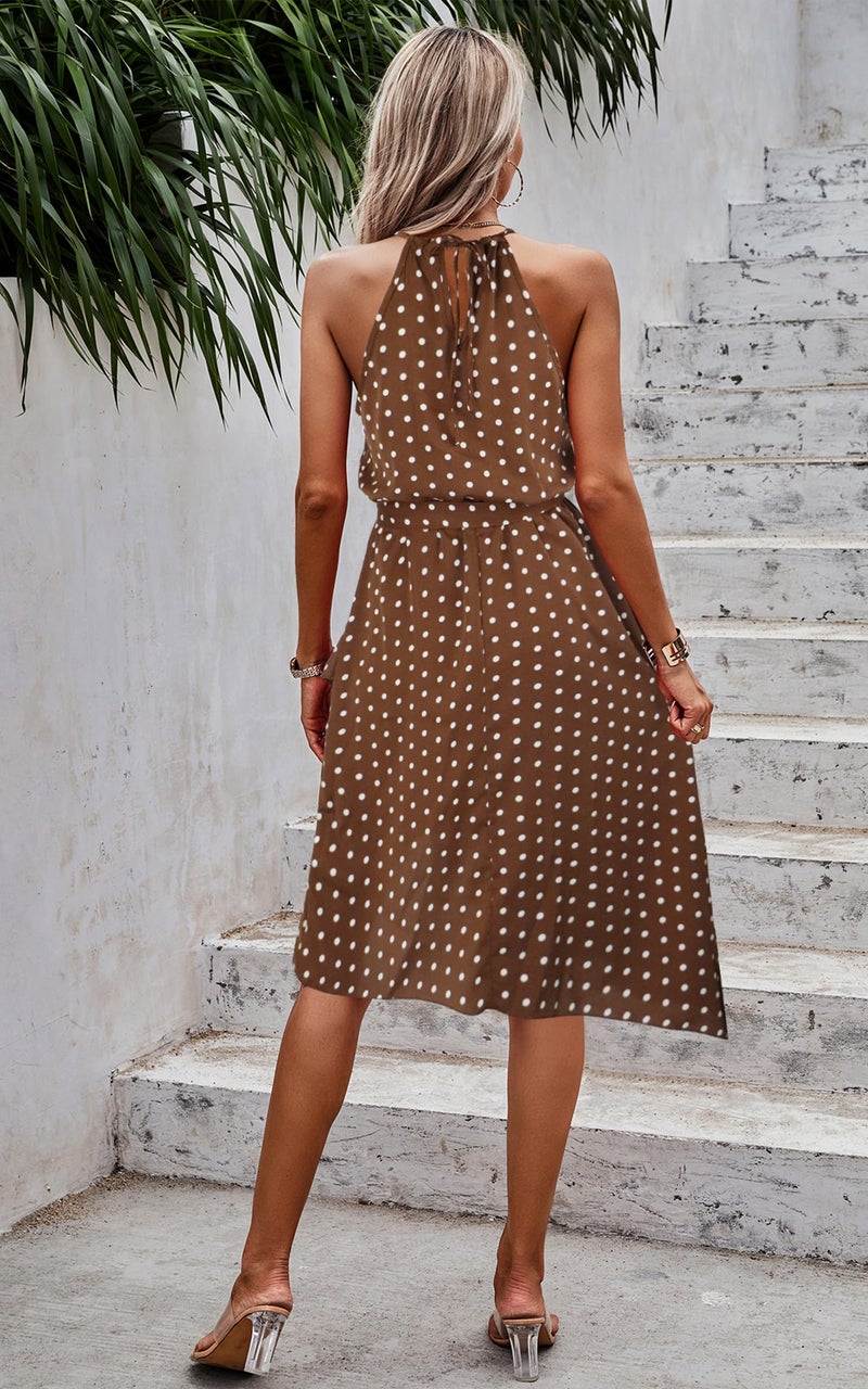 ECOWISH Polka Dot Women Summer Dress Midi A Line Ruffle High Low Sleeveless Boho Floral Halterneck Cocktail Tie Knot Sundress Coffee Small - Image 2