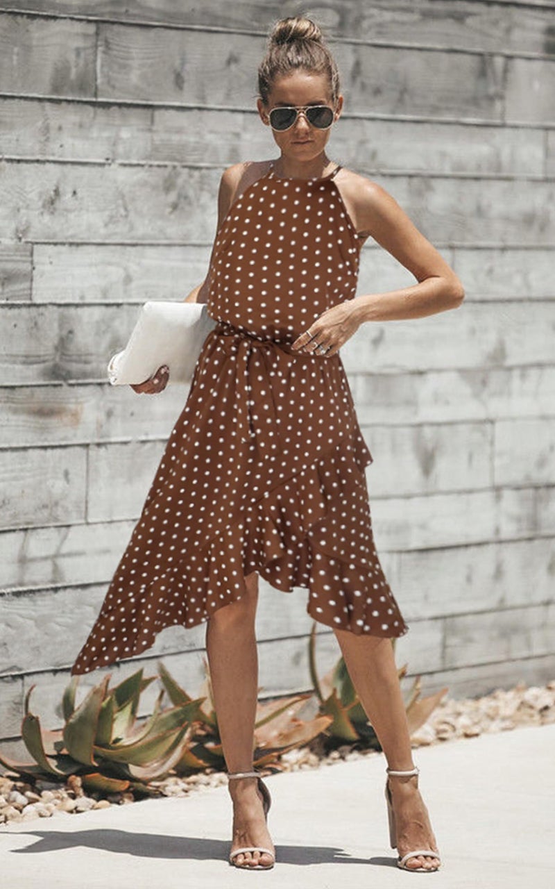 ECOWISH Polka Dot Women Summer Dress Midi A Line Ruffle High Low Sleeveless Boho Floral Halterneck Cocktail Tie Knot Sundress Coffee Small - Image 3