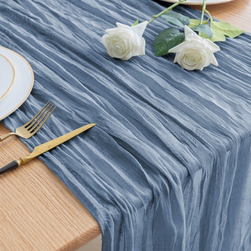 aseem Asee'm Cheesecloth Table Runner 120 Inches Dusty Blue Boho Gauze Cheese Cloth Runner 10FT Rustic Sheer Dining Table Runners for Fall Thanksgiving Wedding Baby Shower Decoration - Image 1