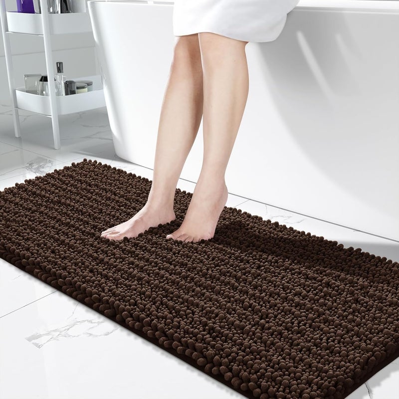 Yimobra Bathroom Runner Rug Mat 60.2 x 24, Non-Slip Soft Shaggy and Comfortable Large Size Chenille Bath Rug, Super Absorbent and Thick, Machine Washable, Long Bathroom Rug, Brown - Image 1