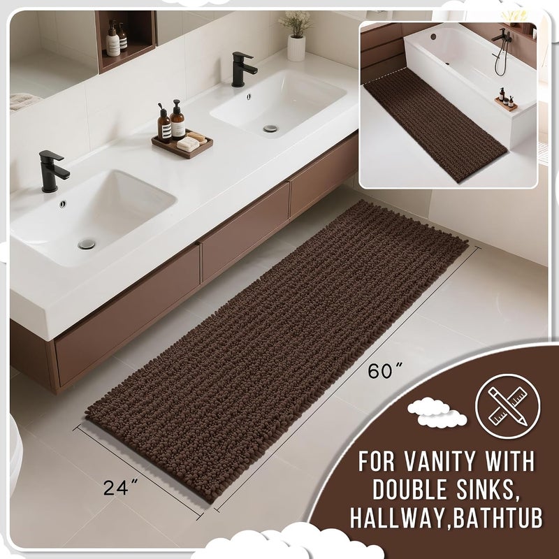 Yimobra Bathroom Runner Rug Mat 60.2 x 24, Non-Slip Soft Shaggy and Comfortable Large Size Chenille Bath Rug, Super Absorbent and Thick, Machine Washable, Long Bathroom Rug, Brown - Image 2