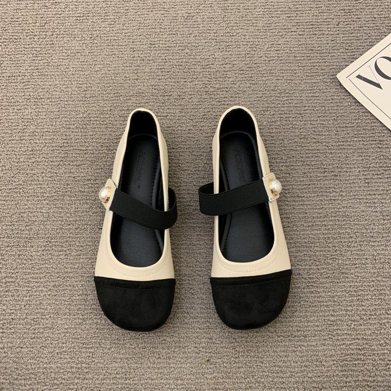 One Pedal Round Head Single 2024 Spring And Pearl Elastomer Color-Matching Mary Jane Shoes Young Teacher Shoes Soft Sole - Image 1