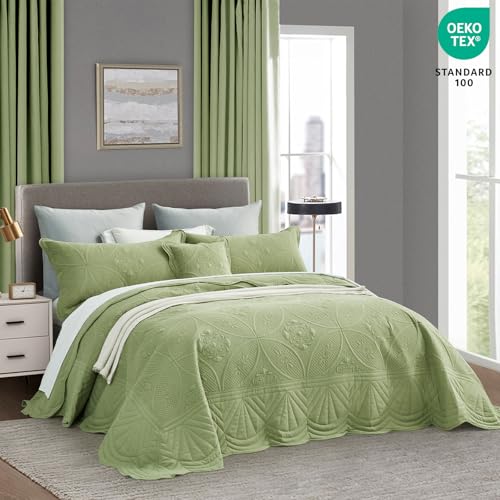 DaisyHuang Oversized Bedspread - King Size Bedding Cover - Modern & Contemporary Coverlet Set, Real Stitching, Reversible, Lightweight, 5 Piece, Sage Green - Image 3