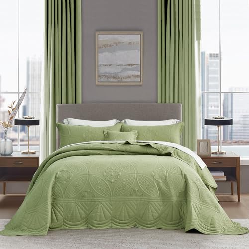 DaisyHuang Oversized Bedspread - King Size Bedding Cover - Modern & Contemporary Coverlet Set, Real Stitching, Reversible, Lightweight, 5 Piece, Sage Green - Image 1