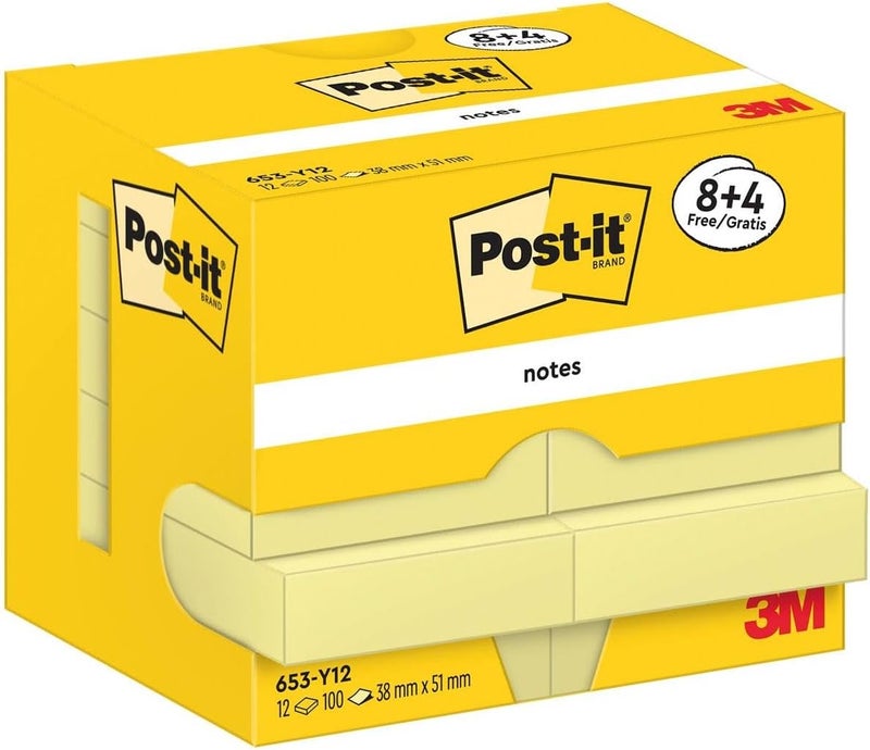 ملاحظات Post-it بلون أصفر كناري، عبوة تحتوي على 9 ملاحظات بالإضافة إلى 3 ملاحظات مجانية، 100 ورقة في كل ملحوظة، مقاس 38 مم × 51 مم، لو�� أصفر – ملاحظات لاصقة لتدوين الملاحظات، قوائم المهام والتذكيرات