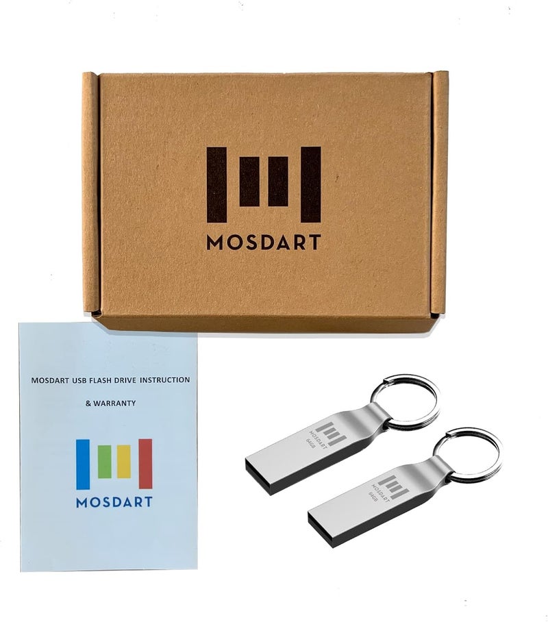موس دارت محرك أقراص فلاش MOSDART مقاوم للماء بسعة 64GB USB2.0، بتنسيق exFAT، عصا ذاكرة معدنية مع سلسلة مفاتيح، للنسخ الاحتياطي للنظام وتخزين البيانات، فضي (عبوة من 2 قطعة) - Image 2