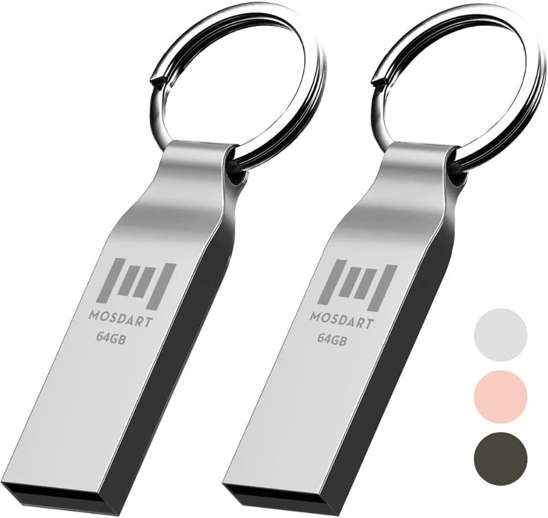 موس دارت محرك أقراص فلاش MOSDART مقاوم للماء بسعة 64GB USB2.0، بتنسيق exFAT، عصا ذاكرة معدنية مع سلسلة مفاتيح، للنسخ الاحتياطي للنظام وتخزين البيانات، فضي (عبوة من 2 قطعة) - Image 1