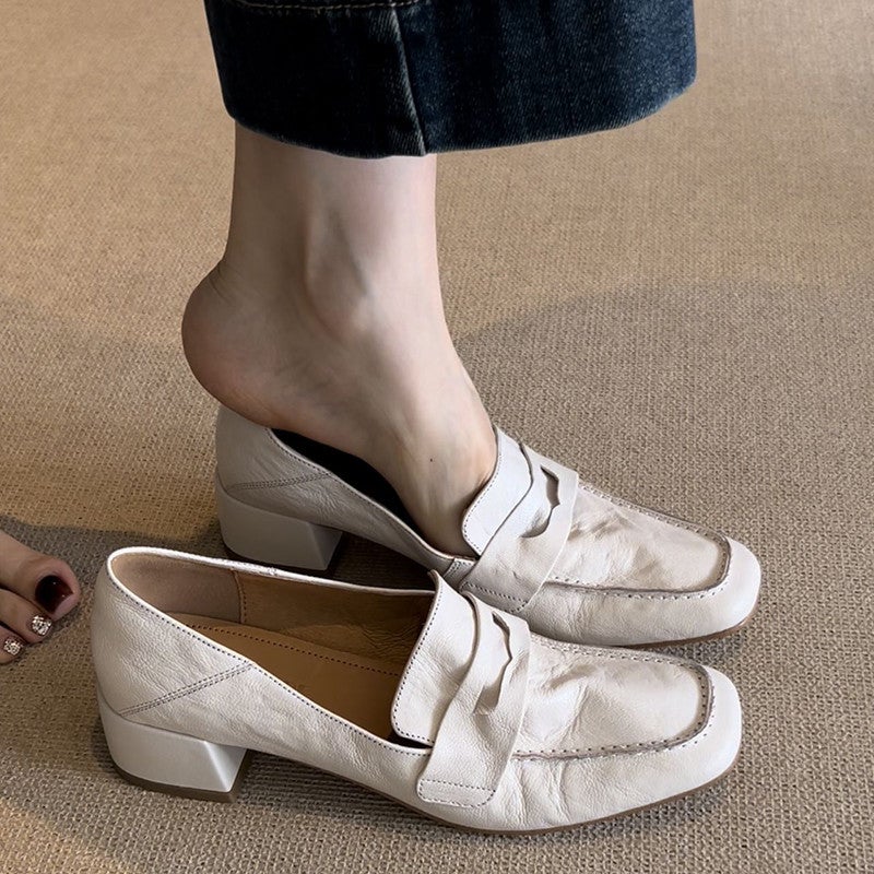 Women's Cowhide Leather Loafers Block Heel Square Toe - Image 1