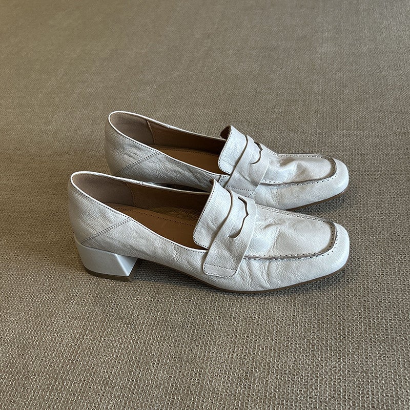 Women's Cowhide Leather Loafers Block Heel Square Toe - Image 5