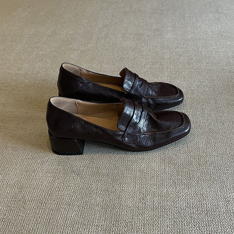 Women's Cowhide Leather Loafers Block Heel Square Toe - Image 3