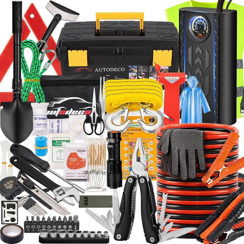 AUTODECO مجموعة أدوات المساعدة في حالات الطوارئ على جانب الطريق مكونة من 98 قطعة مع ضاغط هواء محمول وكابلات توصيل ومطرقة أمان وكماشة متعددة الاستخدامات (أسود) - Image 1