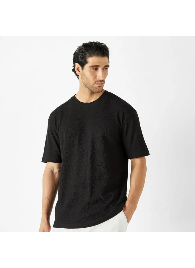 Iconic Iconic Textured Crew Neck T-shirt with Short Sleeves