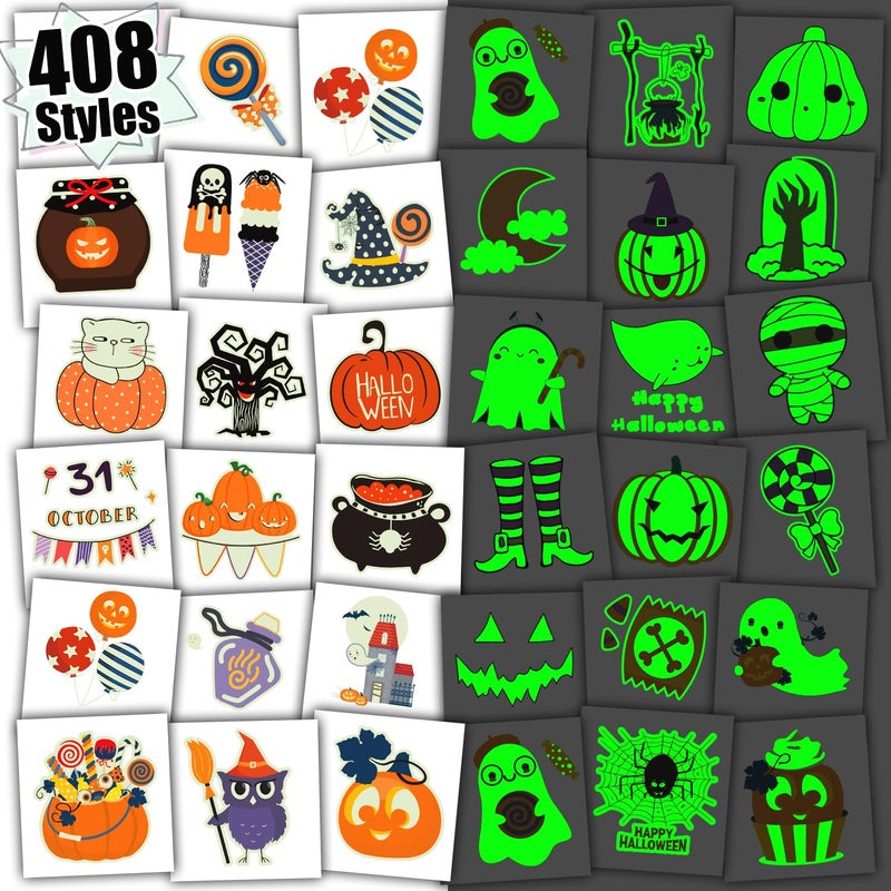 Partywind 408 Styles Glow Halloween Tattoos for Kids Party Decorations, Surprise Halloween Party Supplies Favors for Kids Treats, Glow Pumpkin Tattoo Stickers for Trick or Treat Party Games