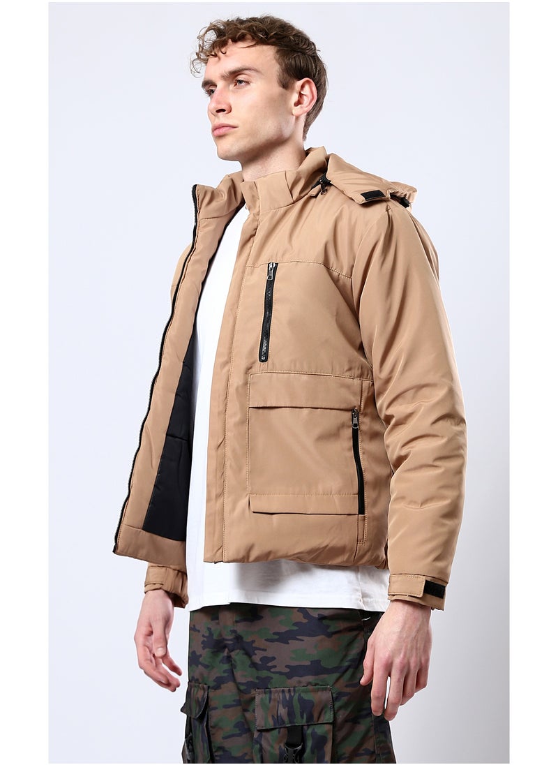 RAVIN - Camel Hooded Jacket with Side Pockets - Image 1