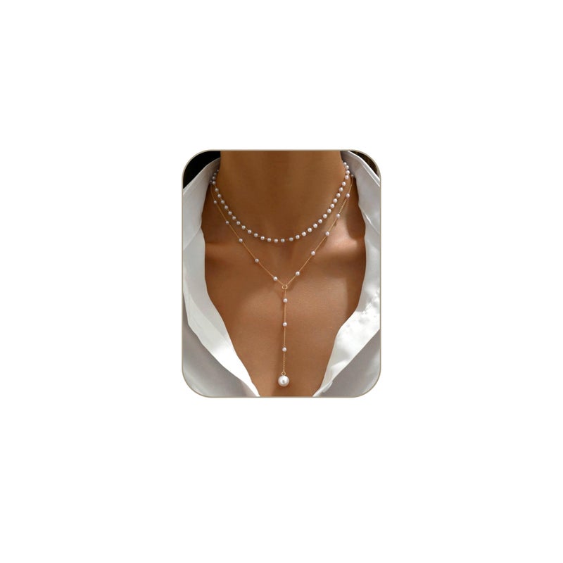 Aisansty Layered Pearl Necklaces for Women 14k Gold Plated Dainty Faux Pearl Drop Y Necklace Cute Pearl Choker Layering Necklace Set Gold Jewelry for Women,Valentines Day Gift for Her,Mom,Girlfriend,Wife - Image 1