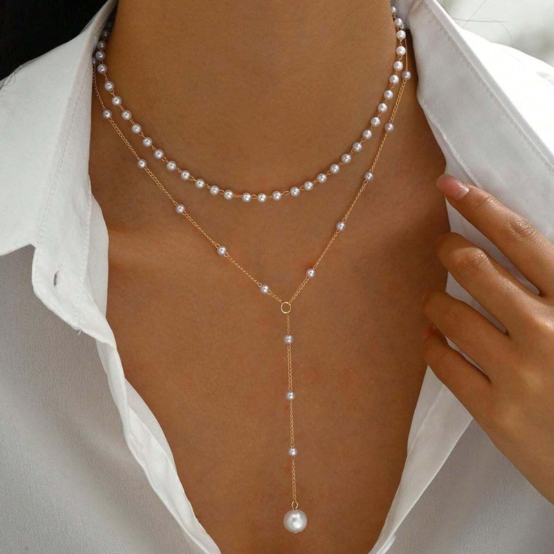 Aisansty Layered Pearl Necklaces for Women 14k Gold Plated Dainty Faux Pearl Drop Y Necklace Cute Pearl Choker Layering Necklace Set Gold Jewelry for Women,Valentines Day Gift for Her,Mom,Girlfriend,Wife - Image 3