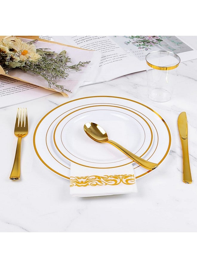 M MCIRCO Gold Plastic Plates, MCIRCO 100 Pieces Disposable Party Plates for Weddings, Premium Gold Rim Plates, Include 50 10.25 Inch Dinner Plates and 50 7.5 Inch Dessert Appetizer Plates - Image 3