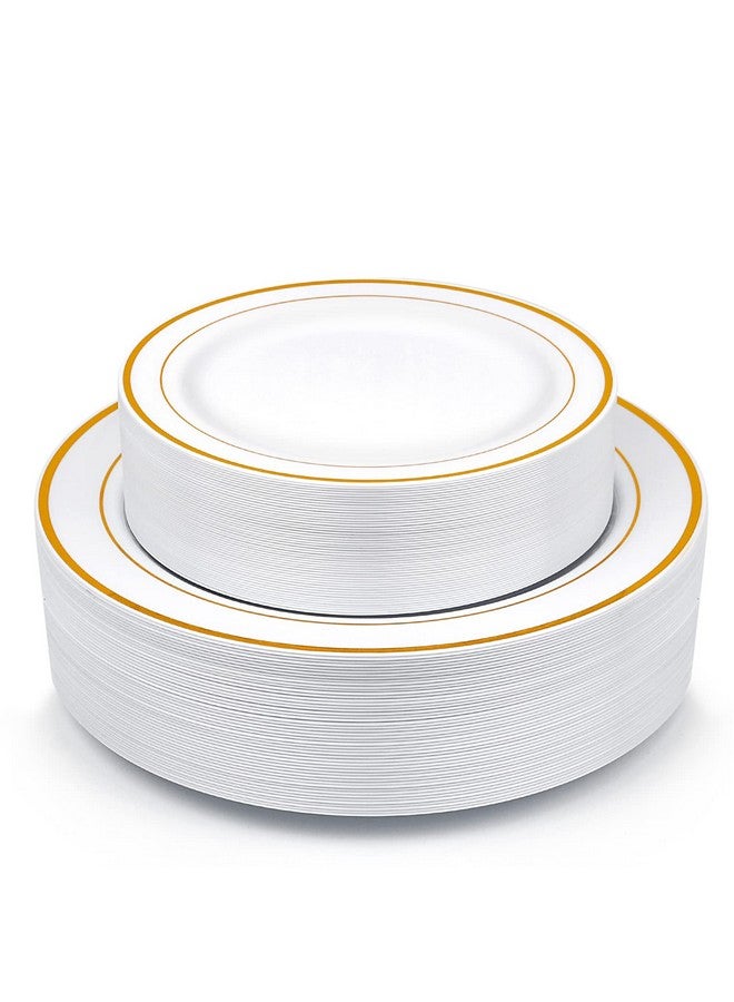 M MCIRCO Gold Plastic Plates, MCIRCO 100 Pieces Disposable Party Plates for Weddings, Premium Gold Rim Plates, Include 50 10.25 Inch Dinner Plates and 50 7.5 Inch Dessert Appetizer Plates - Image 1