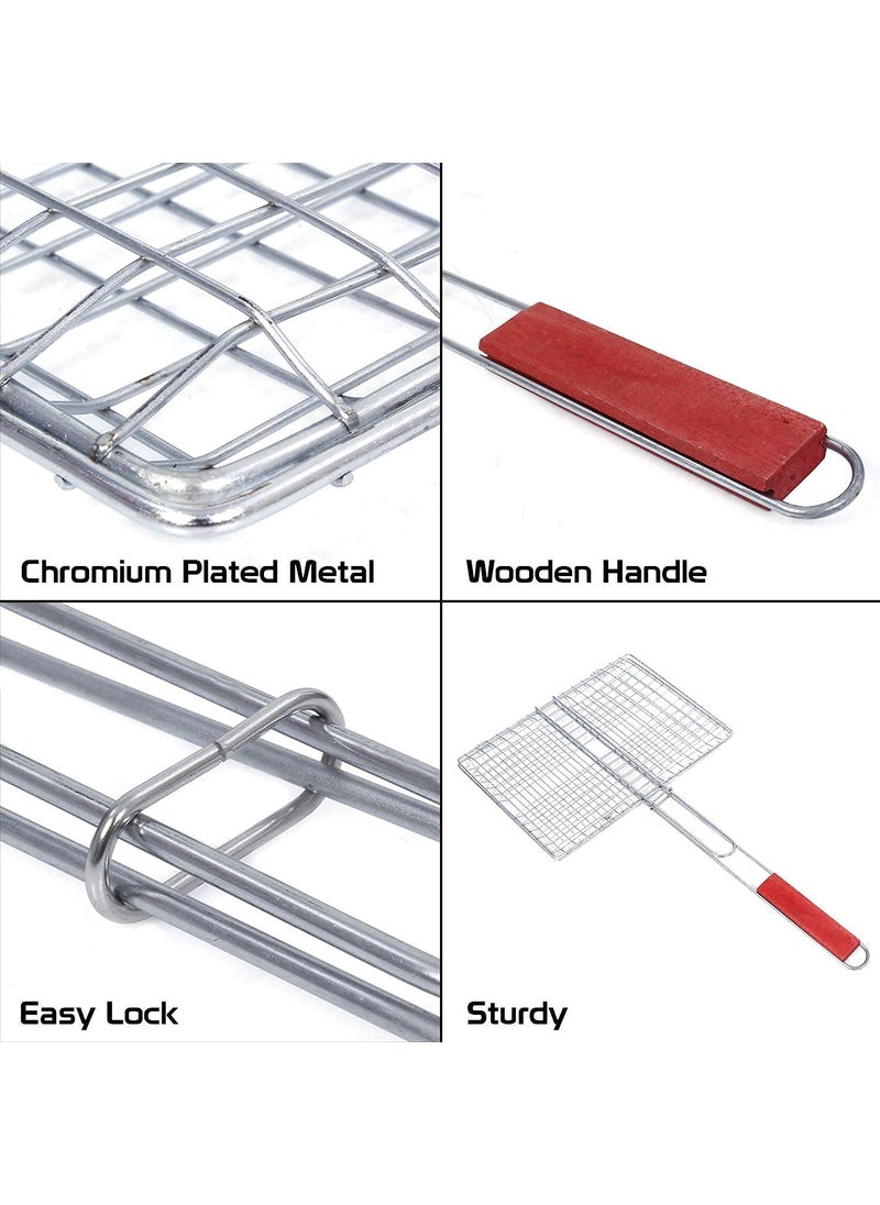 Tray TRAY Mild Steel Portable Barbecue BBQ Grill Net Basket Roast Grilling Tray Plated with Wooden Handle L43W29H2CM  - Image 5