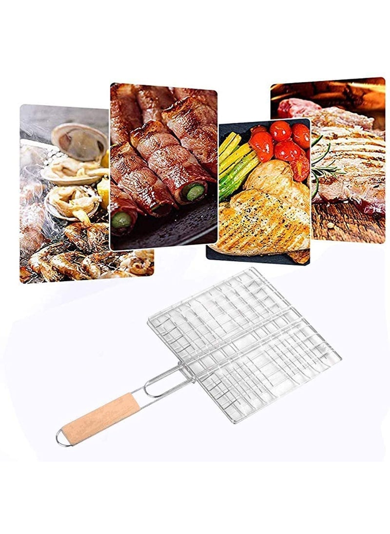Tray TRAY Mild Steel Portable Barbecue BBQ Grill Net Basket Roast Grilling Tray Plated with Wooden Handle L43W29H2CM  - Image 1