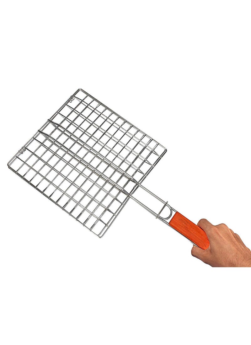 Tray TRAY Mild Steel Portable Barbecue BBQ Grill Net Basket Roast Grilling Tray Plated with Wooden Handle L43W29H2CM  - Image 2