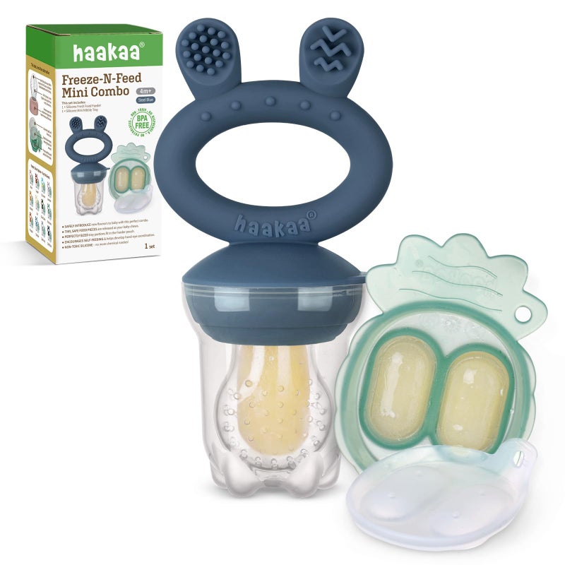 Haakaa Baby Fruit Food Feeder & Mini Freezer Nibble Tray Combo, Breastmilk Popsicle Molds for Baby Cooling Relief, BPA Free Silicone Feeder for Safe Infant Self Feeding, 4 Month+ (Steel Blue) - Image 1