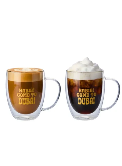 1Chase Borosilicate Double Wall Habibi Come to Dubai Printed Glass Cup with Handle and Straw 350 ML (Set of 2)