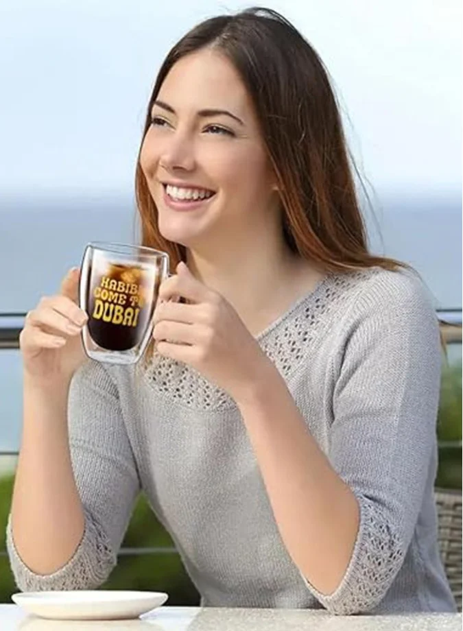 1Chase Habibi Come DUBAI Borosilicate Double Wall Habibi Come to Dubai Printed Glass Cup with Handle and Straw 350 ML (Set of 2)  | Best Price UAE