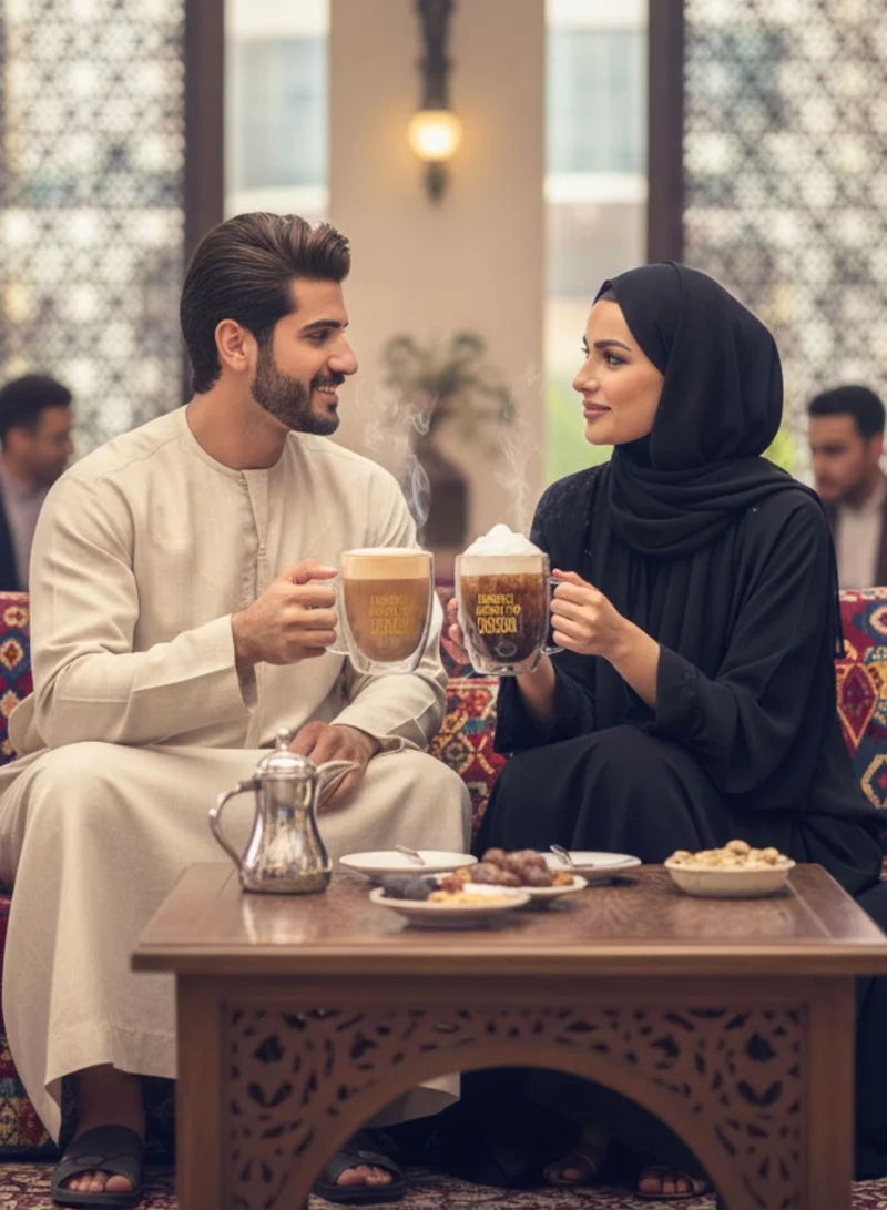 1Chase Borosilicate Double Wall Habibi Come to Dubai Printed Glass Cup with Handle and Straw 350 ML (Set of 2)