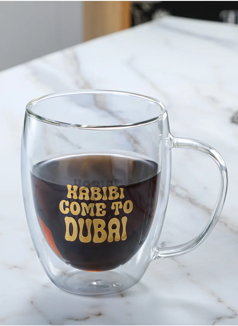 1Chase Borosilicate Double Wall Habibi Come to Dubai Printed Glass Cup with Handle and Straw 350 ML (Set of 2)