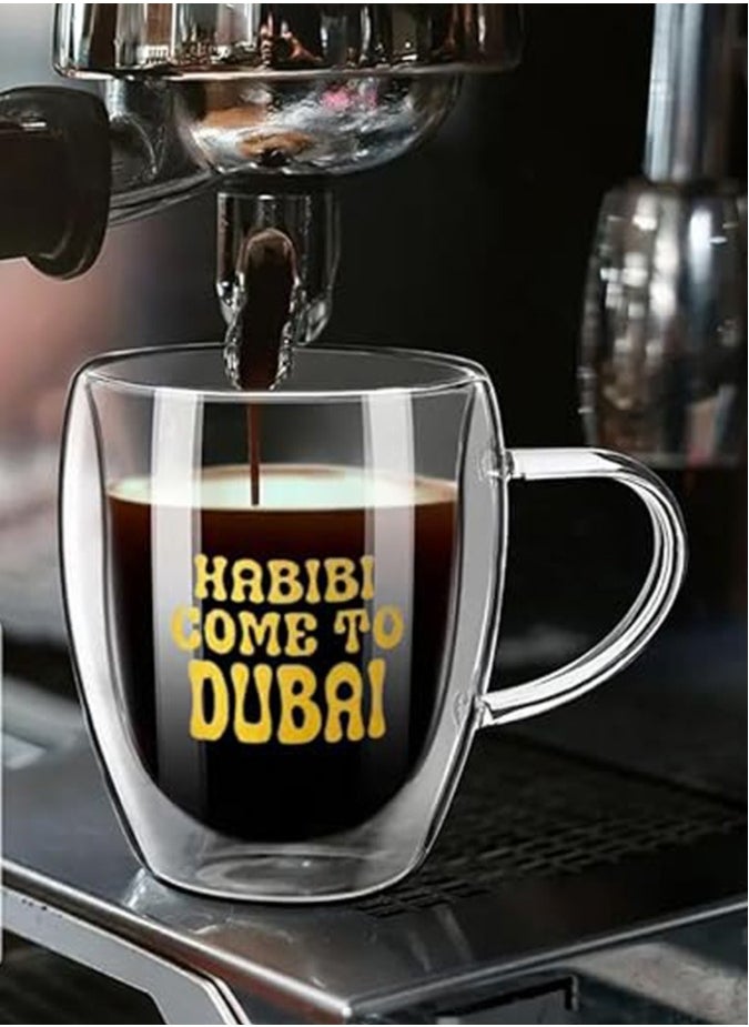 1Chase - Borosilicate Double Wall Habibi Come to Dubai Printed Glass Cup with Handle and Straw 350 ML (Set of 2) - Image 1