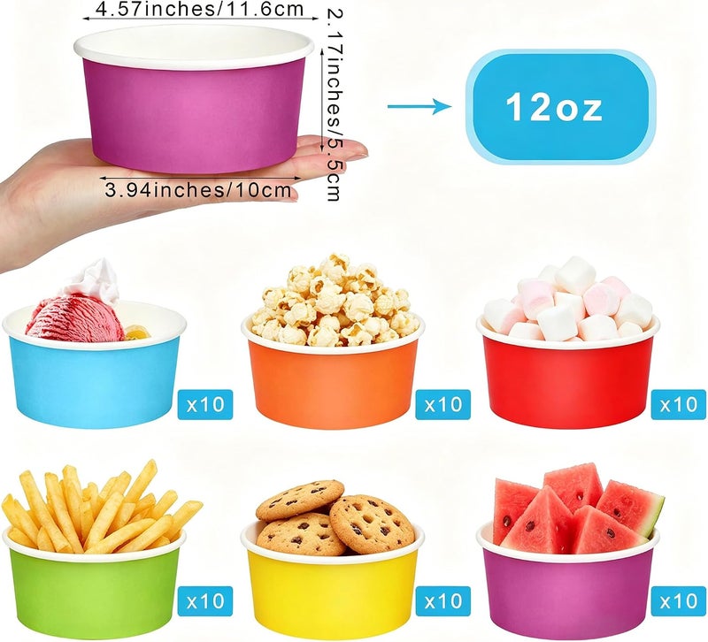 Aodaer 60 Pack 12 oz Disposable Paper Ice Cream Cups Colored Paper Ice Cream Bowls Snack Paper Bowls Dessert Bowls for Hot or Cold Food Party Supplies Treat Cups Serving Sundae, Frozen Yogurt, Soup - Image 2