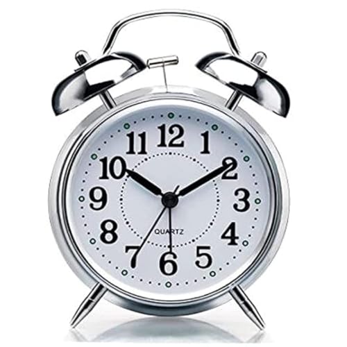 SHREE HANS CREATION Vintage Twin Bell Table Top Alarm Clock with Night LED Light Analog Display Extra Loudly Alarm Sound Silver Clock for Wake-Up Time Morning Walk Home Decor (Silver-White, 11cm) - Image 1