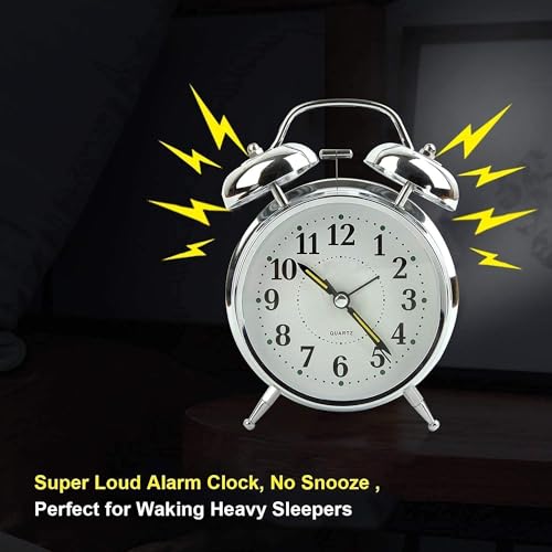 SHREE HANS CREATION Vintage Twin Bell Table Top Alarm Clock with Night LED Light Analog Display Extra Loudly Alarm Sound Silver Clock for Wake-Up Time Morning Walk Home Decor (Silver-White, 11cm) - Image 5